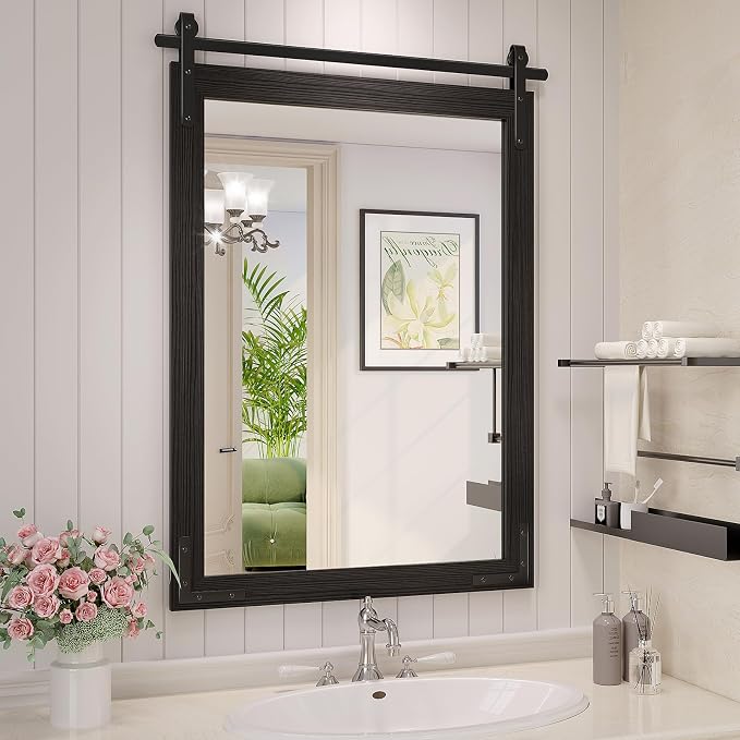 Farmhouse Bathroom Mirror, 24x36 Inch Black Vanity Mirror for Wall, Wood Framed Rustic Mirror Rectangular Wall Decor Mirrors for Entryway Living Room Bedroom by JIINGYO