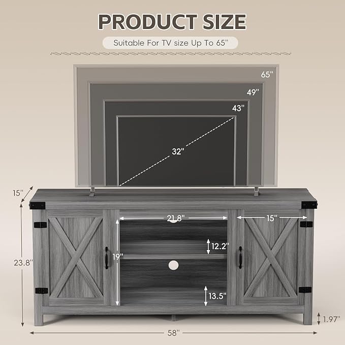 YESHOMY Modern Farmhouse TV Stand with Two Barn Doors and Storage Cabinets for Televisions up to 65+ Inch,Entertainment Center Console Table,Media Furniture for Living Room,Rustic Gray - Image 3