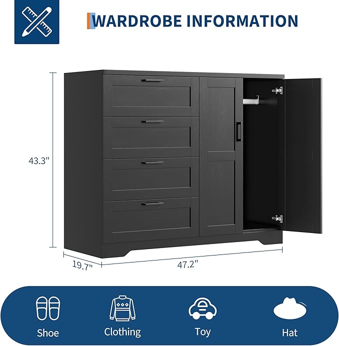 IDEALHOUSE 43.3'' H Armoire Wardrobe Closet with 4 Drawers and 2 Doors, Hanging Rod, Multifunctional Wooden Dresser with Storage Closet, Bathroom Cabinet for Bedroom, Black