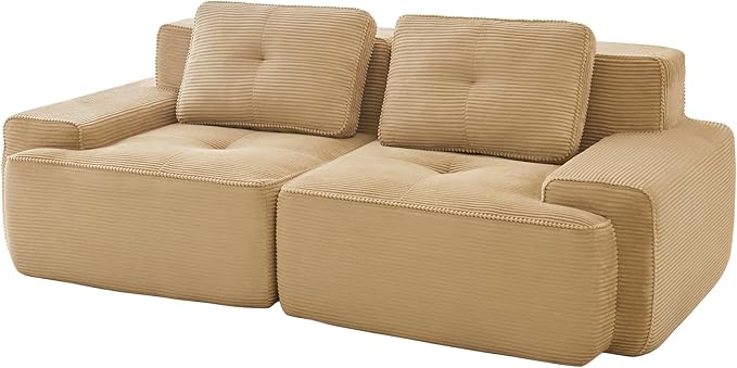 Casaphoria 80'' Corduroy Couch Sectional, 2 Seater Boneless Couches for Living Room, Camel Modular Cloud Sofa with 2-Pillow, Extra Deep Seat Sofa with No Assembly