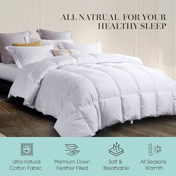 Martha Stewart White Goose Down and Feather Comforter King Size - All Season Warmth Fluffy Duvet Insert with Corner Tabs - Bedding Comforter with 100% Cotton Cover - 106 x 90 Inch
