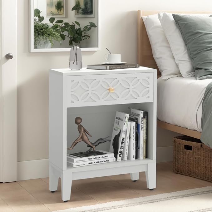 White Nightstand with Drawer and Open Shelf, 17.7 W Modern Bed Side Table for Bedroom, Small End Table for Small Spaces, Compact Side Table for Living Room, Easy Assembly - Image 4