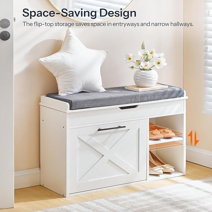 HOOBRO Shoe Storage Bench with Cushion, Modern Entryway Bench with Flip Drawer and Hidden Top Compartment, Shoe Cabinet with Seat and Adjustable Shelves for Hallway, 31.5" L, White and Gray, WG55HX01 - Image 7