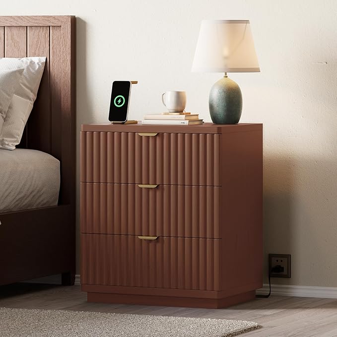 Nightstands Set of 2, Nightstand with Charging Station & 3 Drawers Storage Bedside Table Large Fluted Bed Side End Table, Modern Nightstand for Bedroom Living Room (Walmut) - Image 3