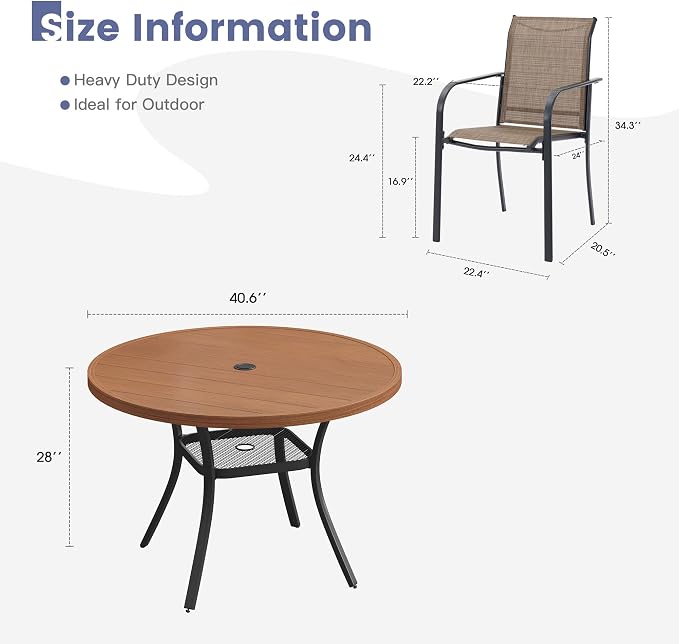 VICLLAX Round Outdoor Dining Set, Patio Table and Chairs Set Set of 4 Patio Stackable Chairs and 40.6" Outdoor Round Table with Umbrella Hole for Backyard Lawn Garden, Brown Chairs and Walnut Table - Image 7
