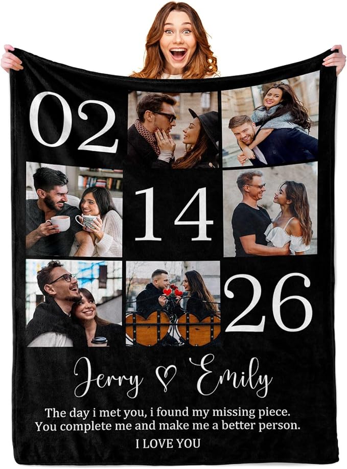 Ships Next Day Custom Blanket with Picture Customized Banket Personalized Throw Blankets Customizable Photo Blankets Customized Valentines Day Gifts for Her Him Girlfriend Boyfriend Wife Husband