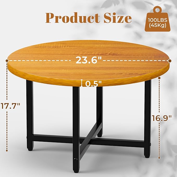 Round Coffee Table, Small Coffee Tables for Living Room, Wood Coffee Table with Metal Frame, Floor Table Desk for Sitting on The Floor, Home, Office, Farmhouse, Honey Brown (23.6"D x 17.7"H)