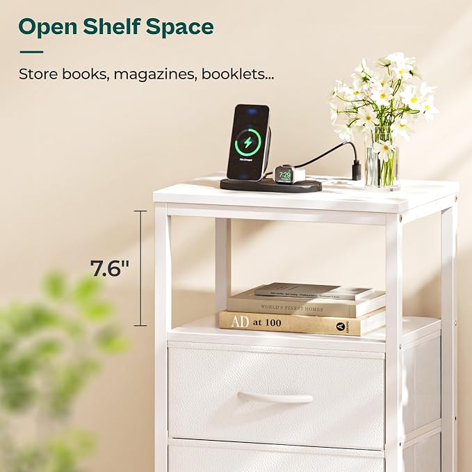 Huuger Nightstand with Charging Station, Side Table with 2 Fabric Drawers, End Table with Open Shelf, Bedside Table with USB-C Port and Outlets, Night Stand, PU Leather, White - Image 8