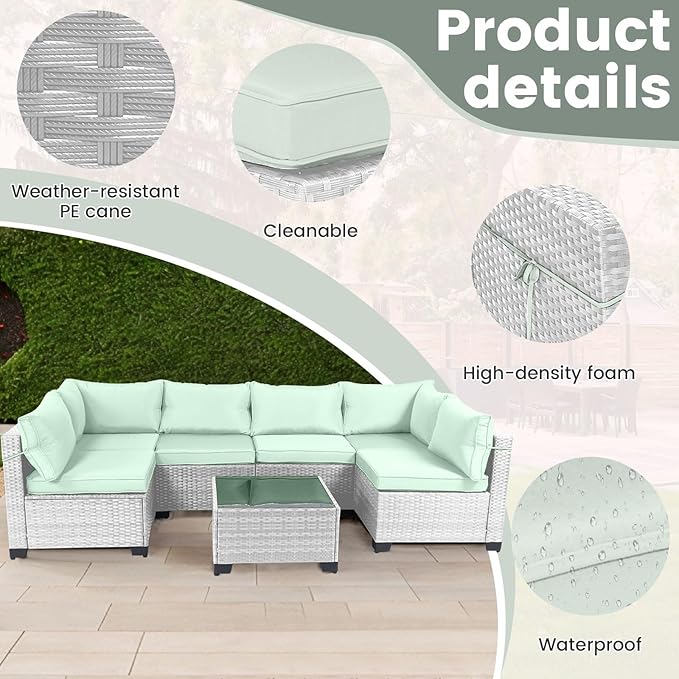 CHABATREE 7 Pieces Outdoor Patio Furniture Sets,Rattan Conversation Sectional Set,Manual Weaving Wicker Patio Sofa with Tea Table
