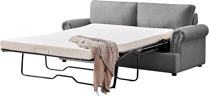 Reversible Sleeper Sofa Bed with Comfortable Memory Foam Mattress, Convertible Corduroy Full Size Pull Out Couch for Living Room, Space Saving Furniture, 76" Wide, Rounded Arms, Grey