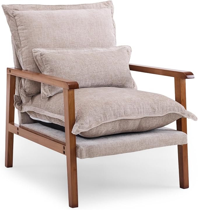 VINGLI Mid-Century Modern Cloud Accent Armchair with Lumbar Pillow, 6.3'' Thick Seat Cushion Comfortable Reading Chair with Wooden Armrests，Boho Lounge Chair for Bedroom, Living Room, Chenille, Khaki