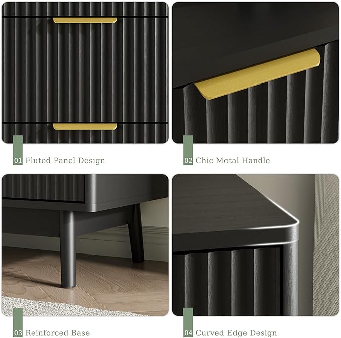 LYNSOM Fluted Dresser and Nightstand Set, 3 Pieces Bedroom Set, 55 Inch Wide 8-Drawer Dresser & 2-Drawer Nightstands Set of 2, Modern Dressers Set for Bedroom, Hallway, Black