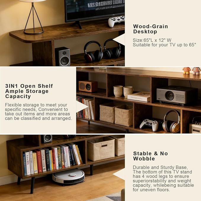 Lightdot 65" TV Stand Fits TVs Up to 75 Inch, Modern Entertainment Center with Power Outlet & Open Storage Shelves, Sofa Cabinet Media Console, Easy Assembly TV Table for Living Room,Bedroom,Amber - Image 5