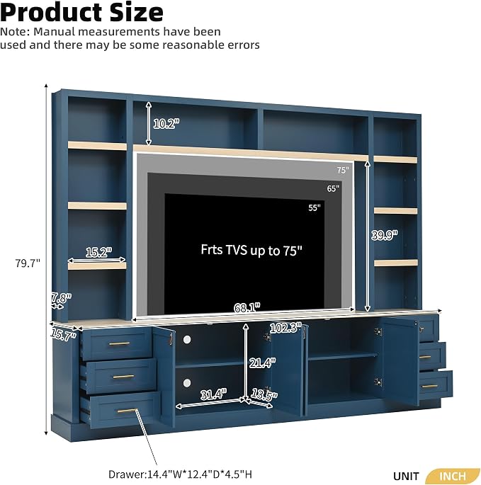 Merax 102.3 Inch Wide Farmhouse Entertainment Center, Rustic TV Stand with 6 Drawers & Adjustable Shelves, Large Media Console for TVs up to 75", Modern Bookshelves Wall Unit, Blue - Image 6