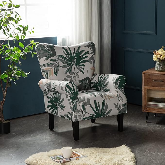 YOLENY Mid Century Wingback Arm Chair,Modern Upholstered Fabric High Back Accent Chair with Wood Legs,Upholstered Single Sofa Club Chair for Living Room, Bedroom, Home Office, Green Leaves