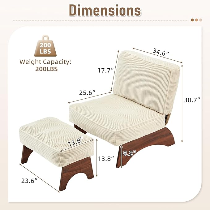 EROMMY Accent Chair with Ottoman, Modern Corduroy Living Room Chair with Adjustable Backrest & Footrest Set, Comfy Reading Chair for Living Room Bedroom Reading Room Guestroom, Cream