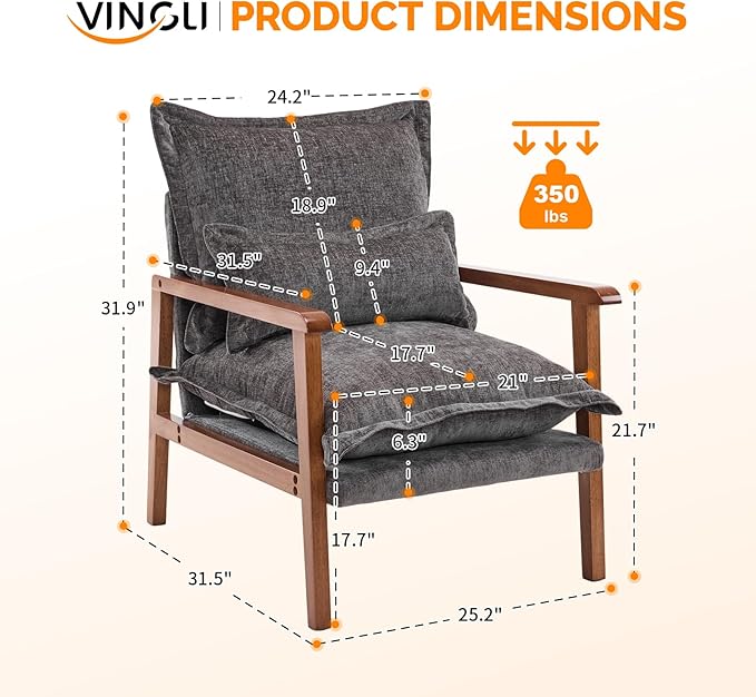 VINGLI Mid-Century Modern Cloud Accent Armchairs Set of 2 with Lumbar Pillow, 6.3'' Thick Seat Cushion Reading Chairs with Wooden Armrests, Boho Lounge Chair for Bedroom, Living Room, Chenille, Grey
