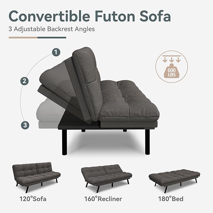 Futon Sofa Bed Convertible Couch, Grey Linen Sofa Bed with Memory Foam, Adjustable Backrest & Armrests, Multifunctional Small Loveseat Sleeper Sofa for Living Room, Apartment, Office
