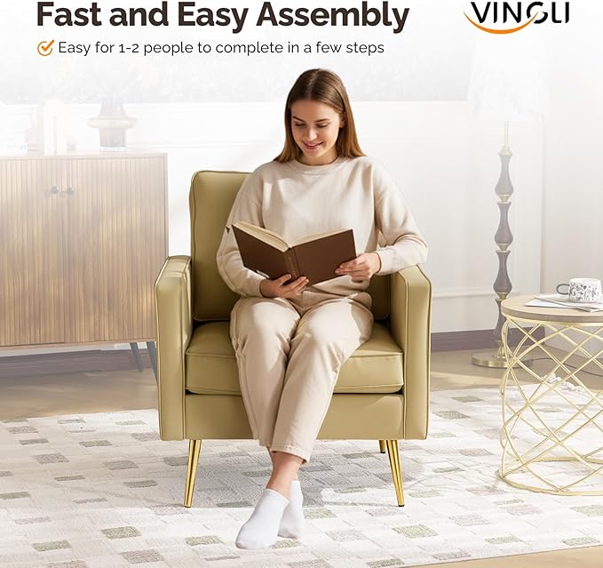 VINGLI Modern PU Leather Accent Chair, Single Sofa Chair with Pocket Coil Seat, Metal Backrest & Solid Wood Frame, Upholstered Armchair for Living Room, Bedroom or Office
