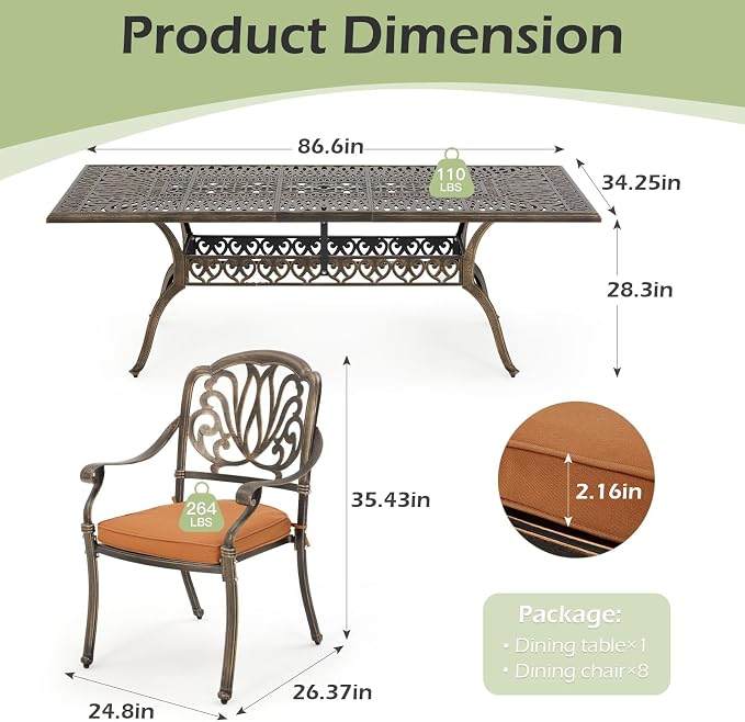 [Hi-End]Cast Aluminum Patio Furniture Set 9-Piece Outdoor Dining Set Includes 86.6’’ Rectangular Patio Table with Umbrella Hole and 8 Cushioned Dining Chairs,Rust-Free for Patio Deck Garden Pool - Image 2
