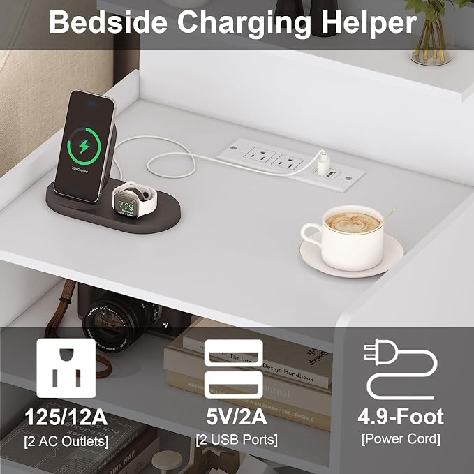 Nightstand Set of 2 with Charging Station and LED Lights, Bedside Table with 2 Drawers and Open Storage Shelf, 2 USB Ports and 2 AC Outlets, LED Night Stands for Bedroom Set of 2, White - Image 6