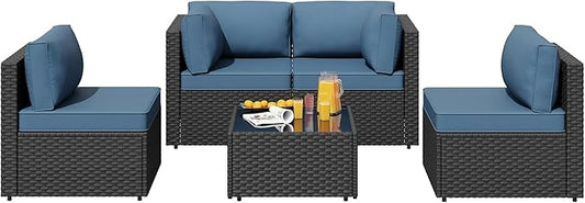 5pcs Patio Outdoor Furniture Sets Conversation Set, Low Back All-Weather Rattan Sectional Sofa with Tea Table&Washable Couch Cushions, Patio Furniture Sets (Black Rattan)