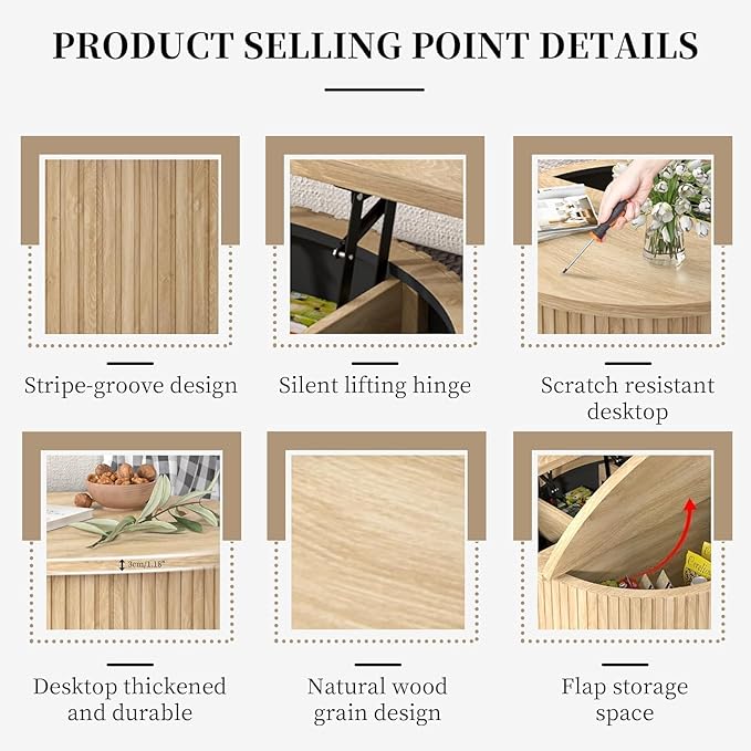 Fluted Lift Top Coffee Table with Hidden Storage, 31.6 Inch Round Coffee Tables for Living Room, Circle Wood Center Tables for Home (Wood Color)