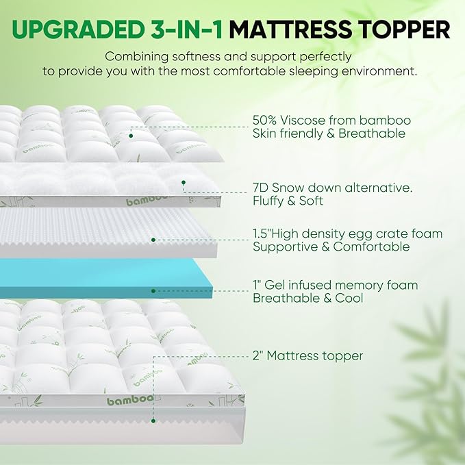 Queen Mattress Topper, 3 in 1 Memory Foam Mattress Topper for Back Pain, 2" Fluffy Cooling Mattress Toppers Queen Breathable Viscose Made from Bamboo and 2.5" Dual Firmness Gel Memory Foam.