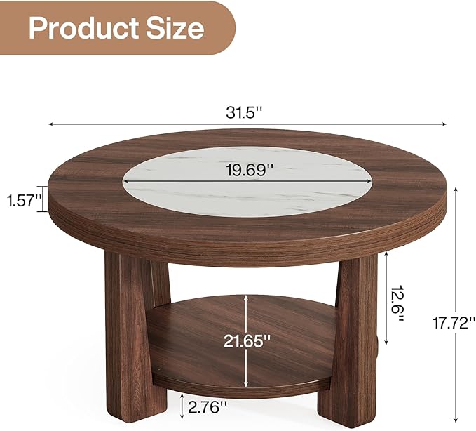 Tribesigns Coffee Table, 2-Tier Round Coffee Table with Heavy-Duty Wood Tabletop for Living Room, Industrial Circle Wood Accent Center Table with Storage, Brown and White