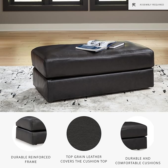 Signature Design by Ashley Amiata Contemporary Firmly Cushioned Leather Rectangular Ottoman, Black