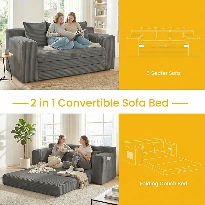 Boneless Couch Sleeper Sofa Bed: 3-in-1 Convertible Sofa Bed with Side Pockets & Handle,Pull Out Couch with 3 Pillows,Folding Futon for Small Space,Living Room & Bedroom