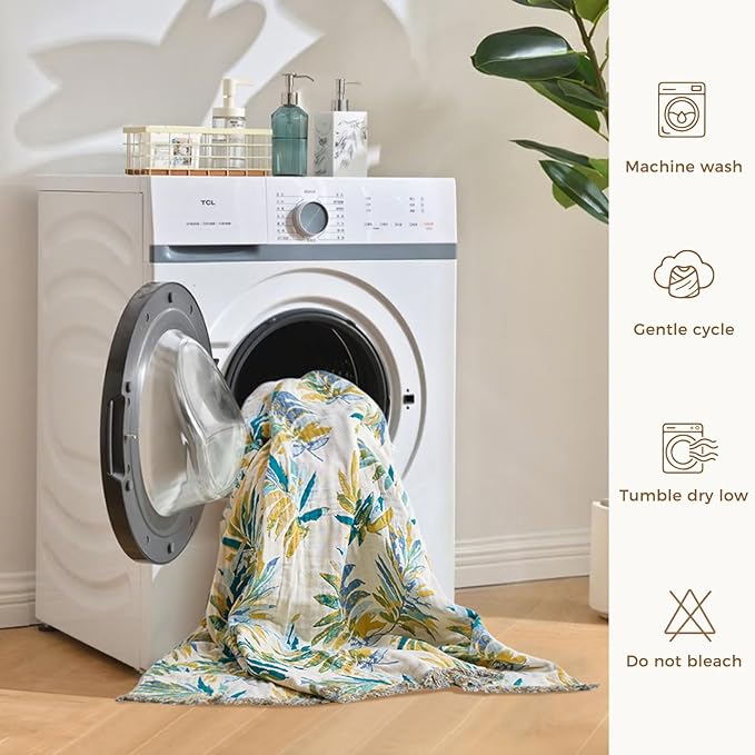 LUTBM Boho Throw Blanket for Bed Cotton Spring Blankets Twin Size for Bedroom Living Room All Season Lightweight Leaves Embroidery Breathable Quilt for Couch Sofa Chair 60"x80" Home Decor