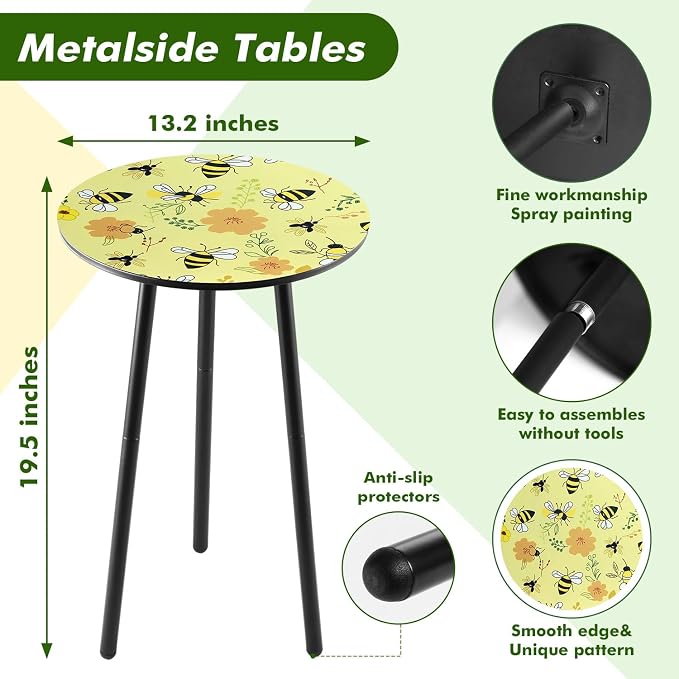 Metal Outdoor Side Tables Set of Two Small Outside Round End Table for Patio Modern Accent Garden Corner Table for Small Spaces, Balcony, Porch, Weather-Resistant Plant Stand Indoor, Yellow - Image 3