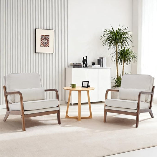 DUMOS Mid Century Modern Chair Set of 2, Accent Chair with Arms and Waist Cushion, Reading Chairs for Adults, Lounge Chair for Living Room and Bedroom, Solid Wooden Frame, Beige