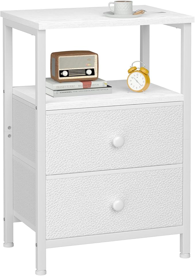 LOAKEKEL Night Stand, Nightstand with 2 Fabric Drawers for Bedroom, Small End Table with Open Storage Shelf for Living Room, Bedisde Table for Apartment, White, HETS002WP-1 by LOAKEKEL
