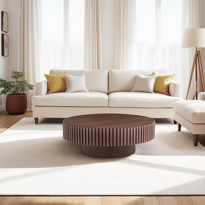 39.37" Round Wood Coffee Table, Modern Unique Circle Coffee Table, Contemporary Drum Fluted Accent Side Table Center Table for Living Room, Office, Apartment, Walnut