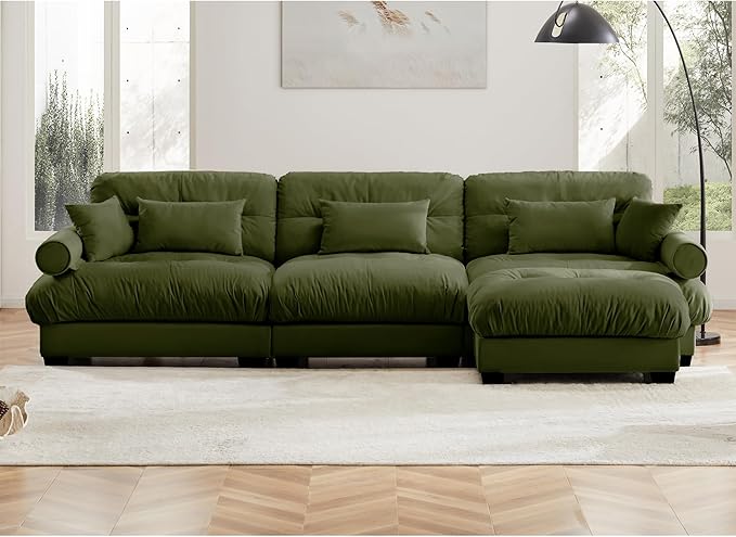 KEIKI 130" L-Shaped Oversized Velvet Modular Sectional Sofa with 1 Ottoman, High-Density Foam Cushions and Bolstered Armrests, Upholstered 3-Seater Cloud Couch with 5 Pillow, for Living Room, Green