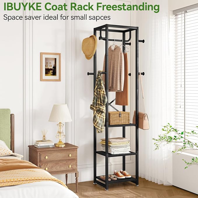 IBUYKE Coat Rack with Shelves, Freestanding Hall Tree with 3 Shelves and 8 Hooks, Industrial Clothes Stand for Entryway, Hallway, Bedroom, Black UTMJ088B - Image 4