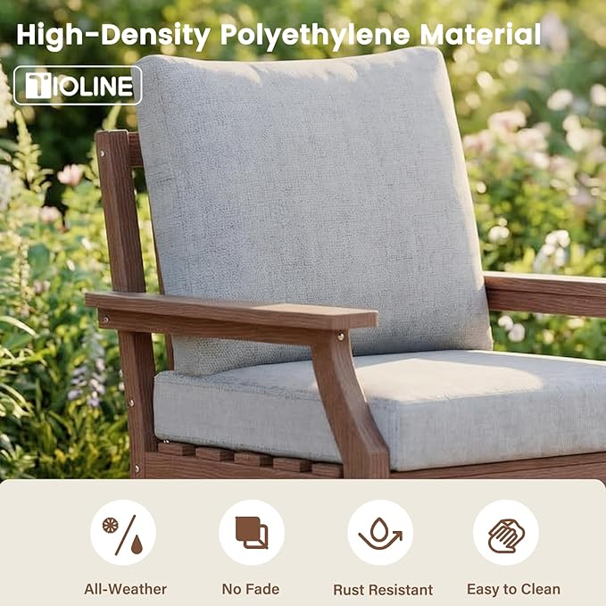 HDPE Patio Conversation Set, 6-Piece All Weather Outdoor Furniture Set with 2 Single Armchairs for Deck, Lawn, with Cushion, Brown