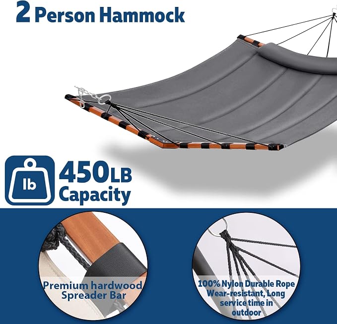 TegerDeger 12FT 2 Person Hammock Large Hammock 450LB Capacity with V Shaped Hardwood Spreader Bar & Nylon Rope for Outside, Patio, Garden, Backyard, Beach, Poolside - Gray - Image 4