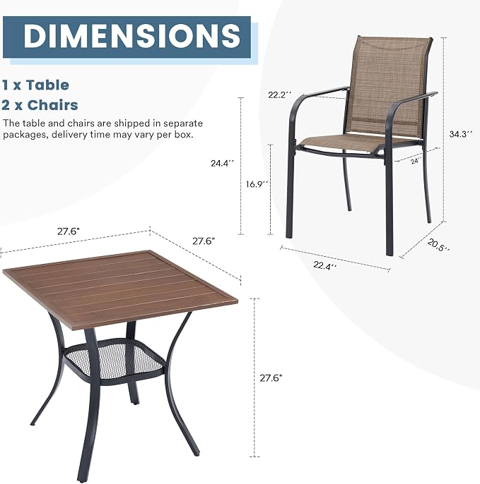 DIFY 3-Piece Outdoor Patio Bistro Dining Set, Walnut Small Square Dining Table & 2 Brown Stackable Metal Chairs with Breathable Fabric, Outdoor Furniture Set for Balcony, Porch, and Deck - Image 2