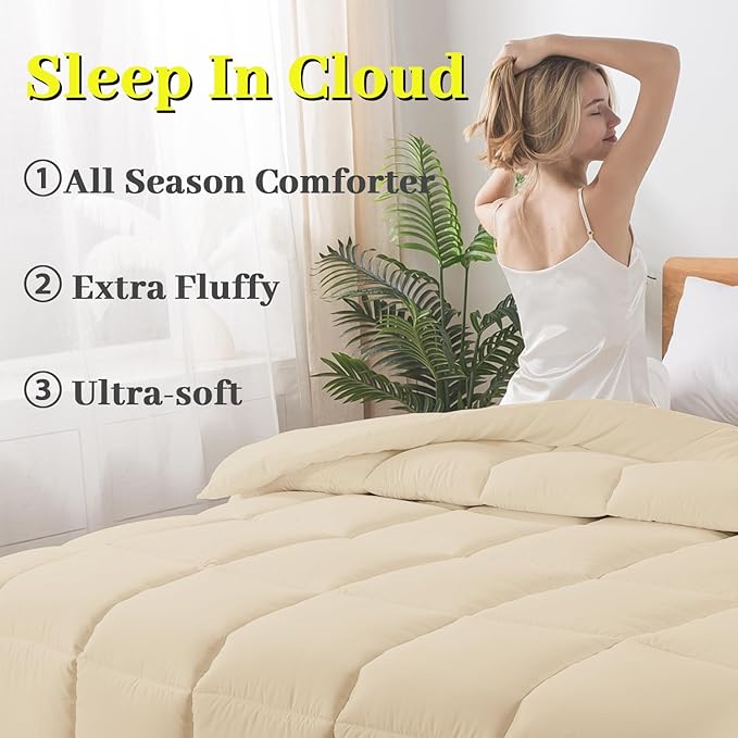 BedTreat Down Alternative Comforter Twin Duvet Insert with Corner Tabs, All Season Quilted Bed Comforter Box-Stitched Twin Comforter Beige，Machine Washable Microfiber Bedding