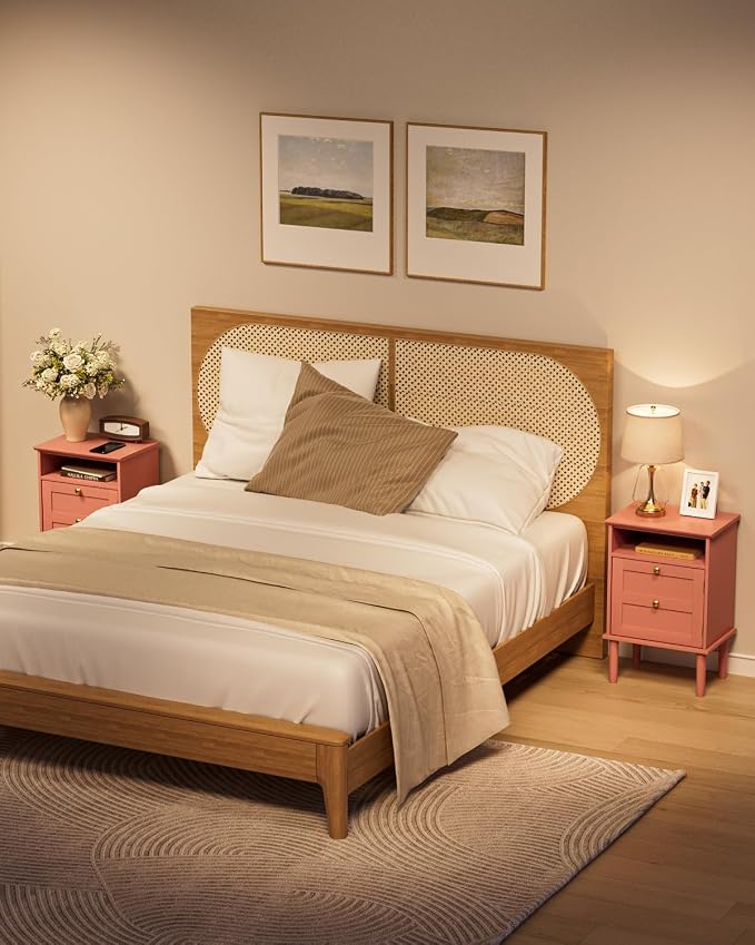 Nightstand, Boho Night Stand with 1 Drawers, Modern Side Accent Table with Open Shelf, Wooden Top Bedside End Table for Bedroom, Living Room, Pink - Image 7