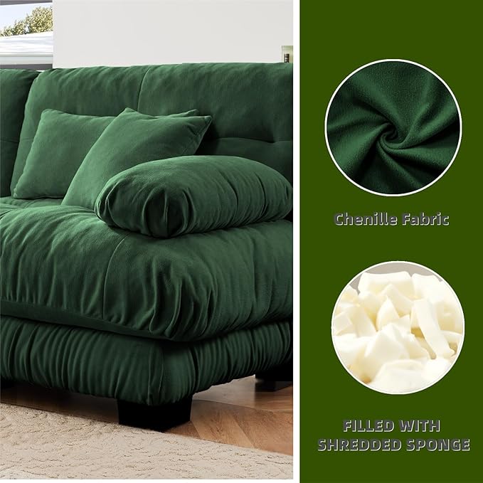 133.8" L-Shaped Cloud Couch, Oversized Modular Sectional Sofa, Deep Seat Cloud Boneless Couch, 3-Seat Modular Sectional Sofa with Ottoman or Living Room,Bedroom and Apartment, Green
