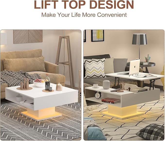 30.7" Lift Top Coffee Table with Storage, Square White Led Coffee Table with Large Hidden Storage, Wood Living Room Table Led Center Table for Dining Reception Room