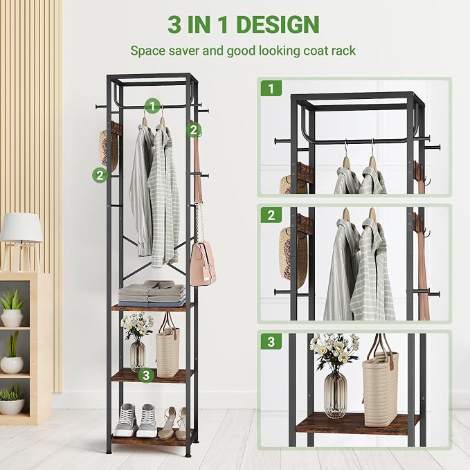 ELYKEN Coat Rack Freestanding, Hall Tree with 3 Storage Shelves and 12 Hooks, Industrial Clothes Rack Stand Organizer for Bedroom, Hallway, Entryway, Office, Living Room, Rustic Brown - Image 9