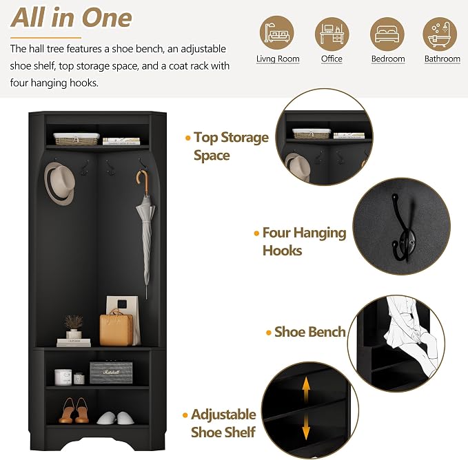 Harper & Bright Designs Minimalist Corner Hall Tree with Shoe Bench, Versatile Entryway Coat Rack with 4 Hooks, Corner Cabinet with Adjustable Shelf for Hallway, Living Room, Black, 29.5''W*71.6''H - Image 3