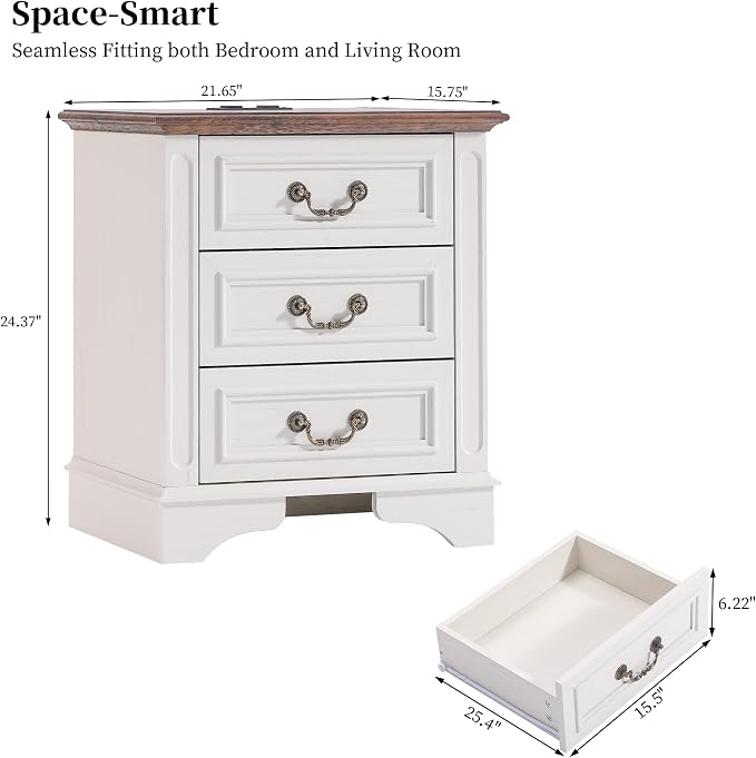 Farmhouse Night Stand with Charging Station, Bedside Table with 3 Drawers Storage and Outlets, Wood Nightstand for Bedroom, Living Room, Closet (White) - Image 2