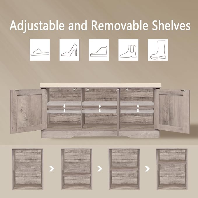 DINZI LVJ Shoe Bench, Entryway Storage Bench with Doors, Cushion, 2-Tier Shoe Rack with 6-Cubby, 39.4”L x 13.8”W Shoe Organizer Cabinet, Adjustable Shelf, Living Room, Bedroom, Greige - Image 4