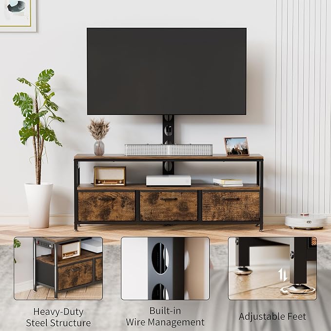 JUSTOGO TV Stand with Mount and Power Outlet, TV Stand with Drawers Storage for Living Room Bedroom, LED Entertainment Center for 45 55 60 65 inch, Height Adjustable Media Console, Rustic Brown - Image 8